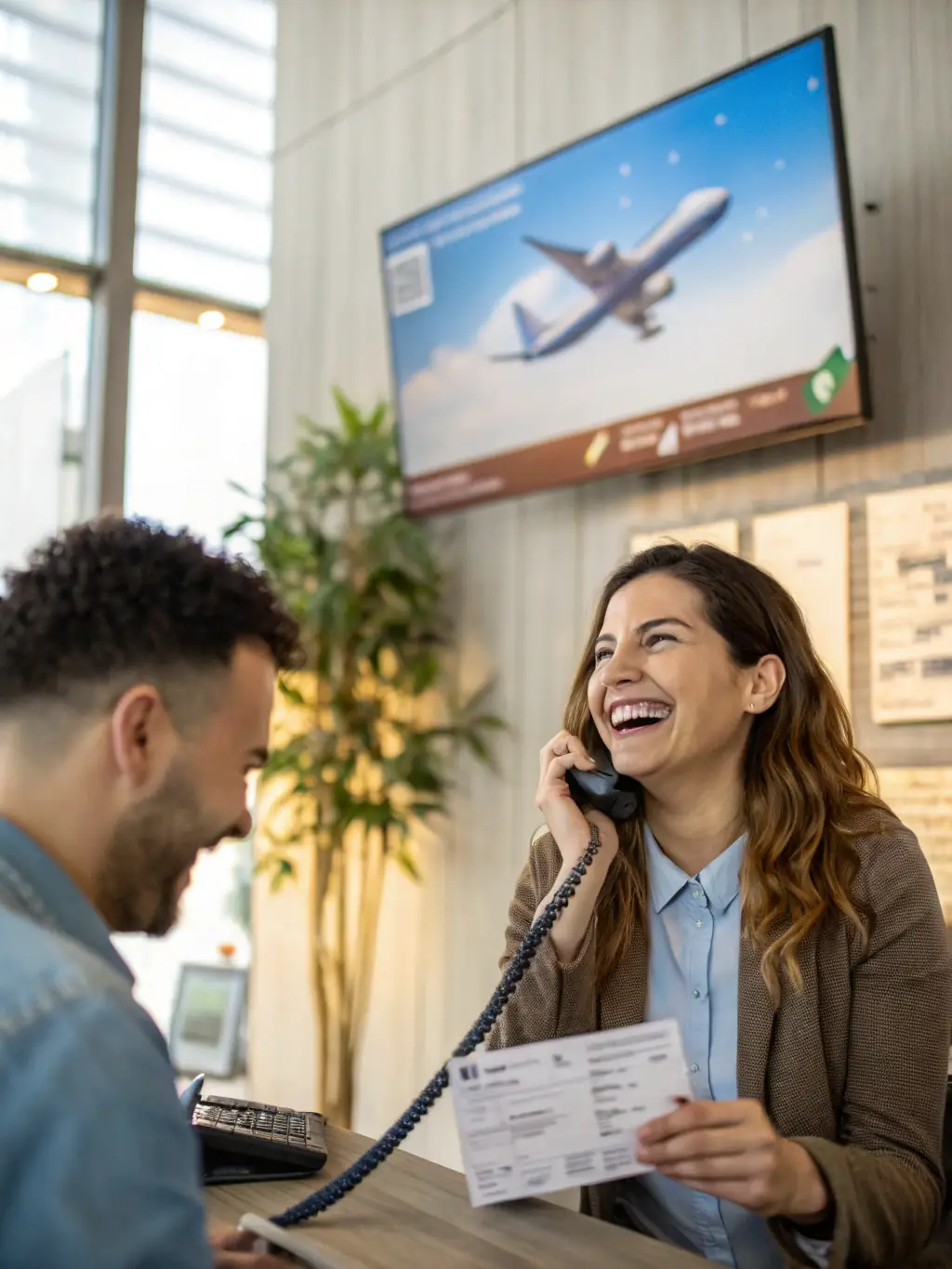 A customer happily confirming flight details with a travel agent over the phone, both smiling, with a visual representation of a plane ticket in the background.