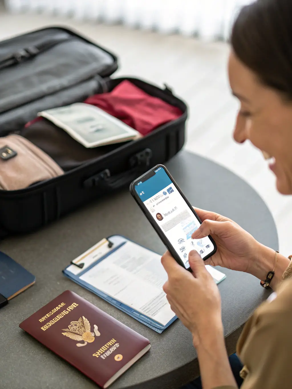 A customer receiving flight tickets via email on their smartphone, with a suitcase and passport visible in the background, suggesting excitement for travel.