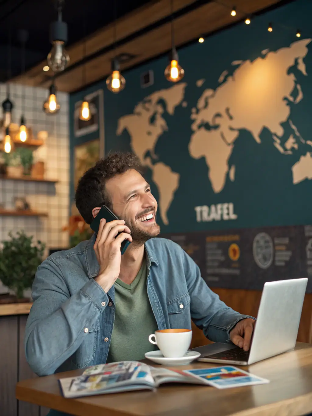 A friendly customer making a phone call with a smartphone, smiling and looking relaxed, with a subtle background suggesting a travel theme.