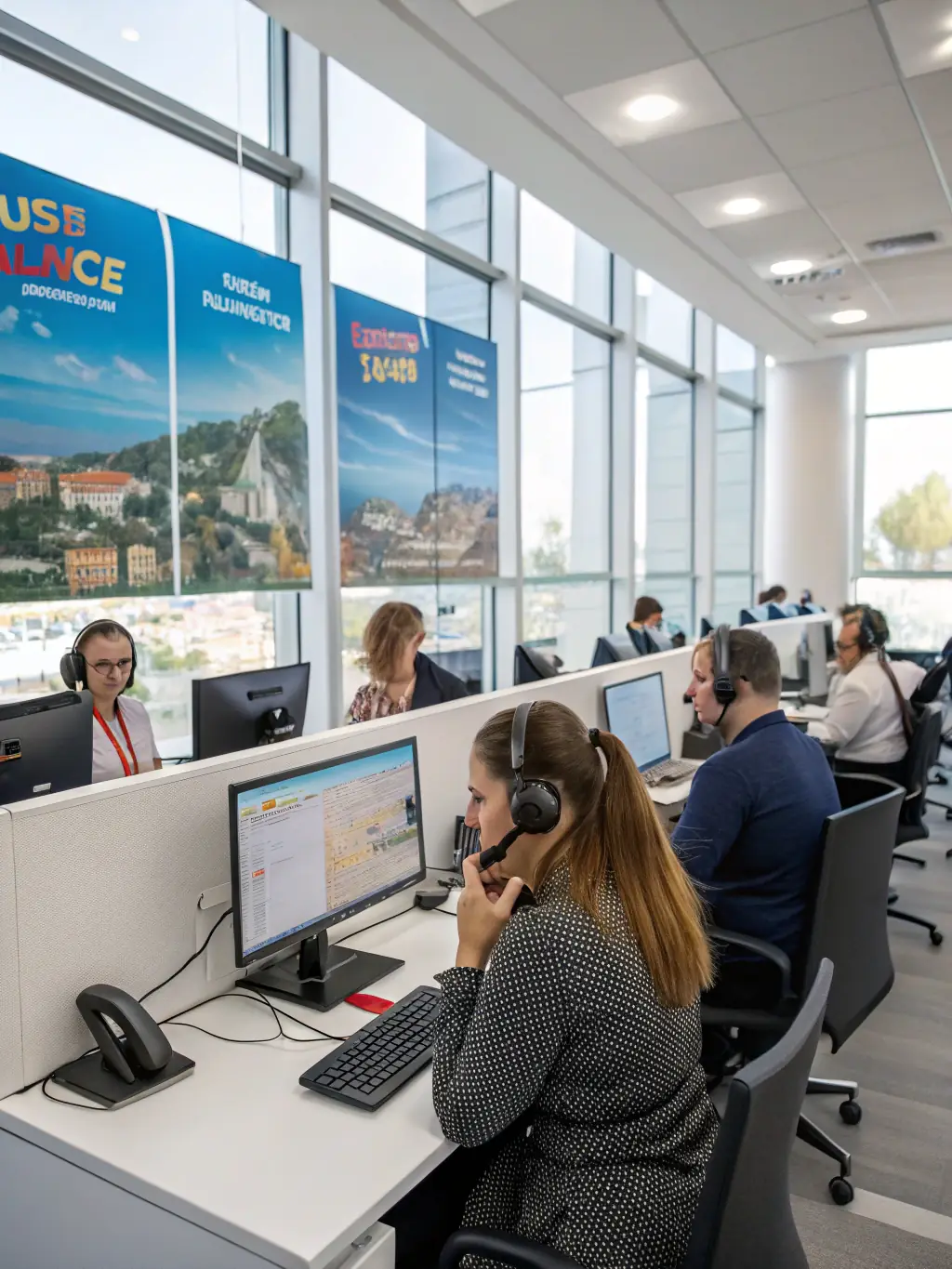 A travel agent on a headset, smiling and looking at a computer screen displaying flight options, in a well-lit and professional office environment.